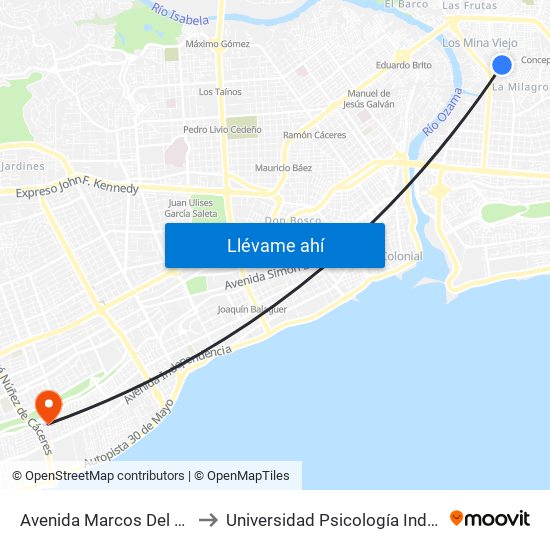 Avenida Marcos Del Rosario, 11906 to Universidad Psicología Industrial Dominicana map