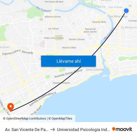 Av. San Vicente De Paúl (Maternidad) to Universidad Psicología Industrial Dominicana map