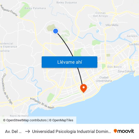 Av. Del Rio to Universidad Psicología Industrial Dominicana map