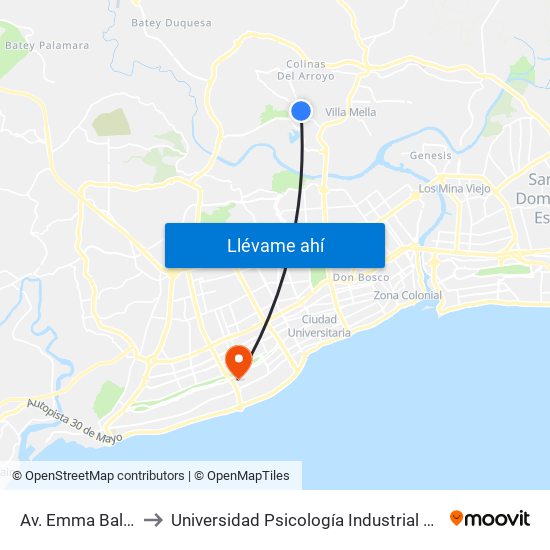 Av. Emma Balaguer to Universidad Psicología Industrial Dominicana map