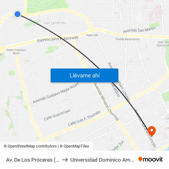 Av. De Los Próceres (Intec) to Universidad Dominico Americana map