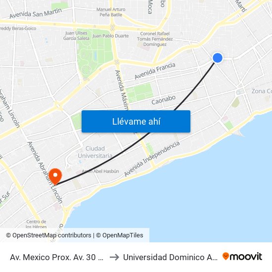 Av. Mexico Prox. Av. 30 De Marzo to Universidad Dominico Americana map