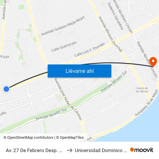 Av. 27 De Febrero Desp. Av. Caonabo to Universidad Dominico Americana map