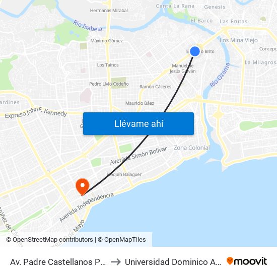 Av. Padre Castellanos Prox. C/16 to Universidad Dominico Americana map