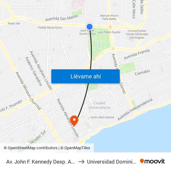 Av. John F. Kennedy Desp. Av. Ortega Y Gasset to Universidad Dominico Americana map