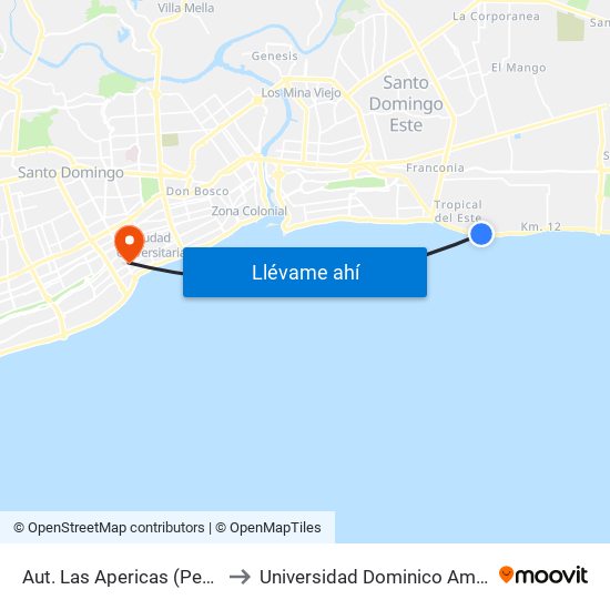 Aut. Las Apericas (Peatonal) to Universidad Dominico Americana map