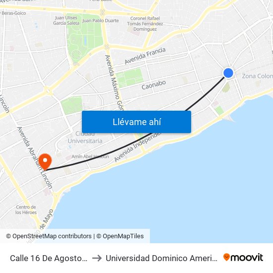 Calle 16 De Agosto, 13 to Universidad Dominico Americana map