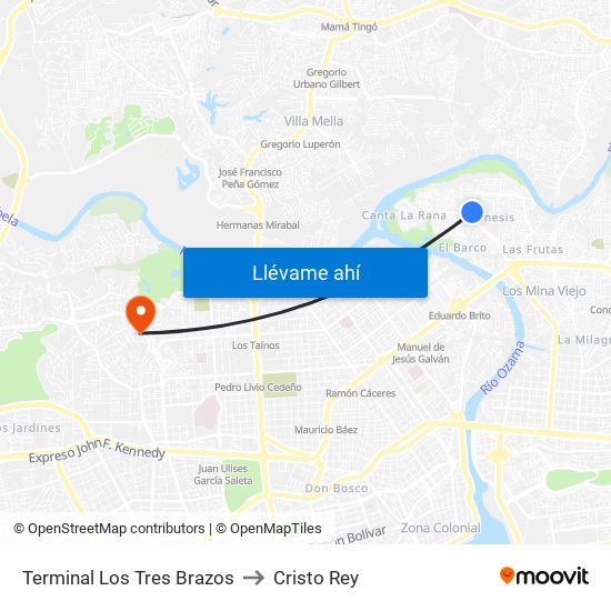 Terminal Los Tres Brazos to Cristo Rey map