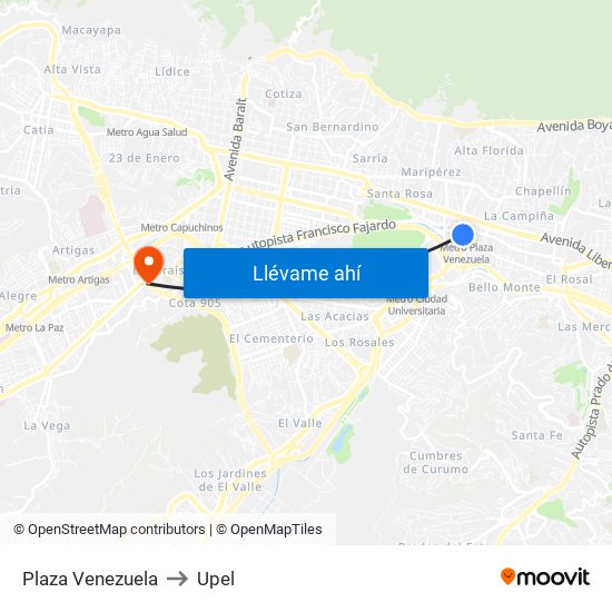 Plaza Venezuela to Upel map