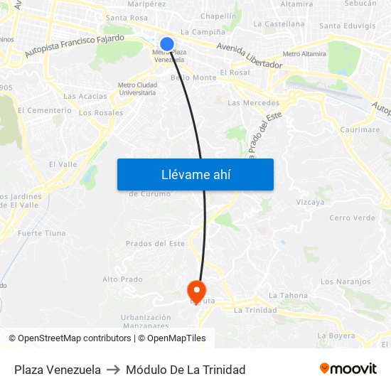Plaza Venezuela to Módulo De La Trinidad map