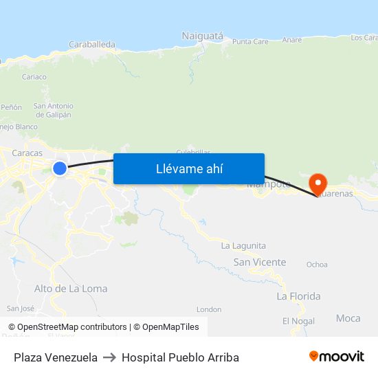 Plaza Venezuela to Hospital Pueblo Arriba map