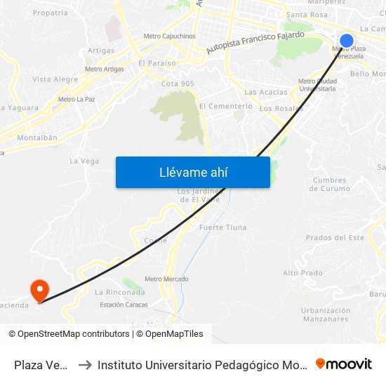 Plaza Venezuela to Instituto Universitario Pedagógico Monseñor Arias Blanco map