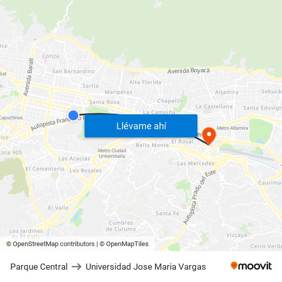 Parque Central to Universidad Jose Maria Vargas map