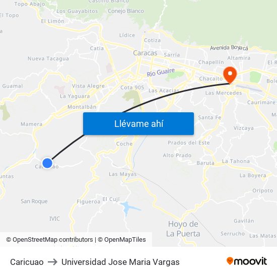 Caricuao to Universidad Jose Maria Vargas map