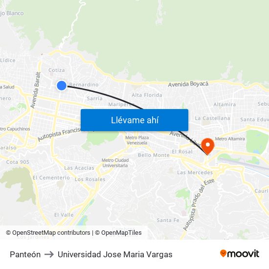 Panteón to Universidad Jose Maria Vargas map
