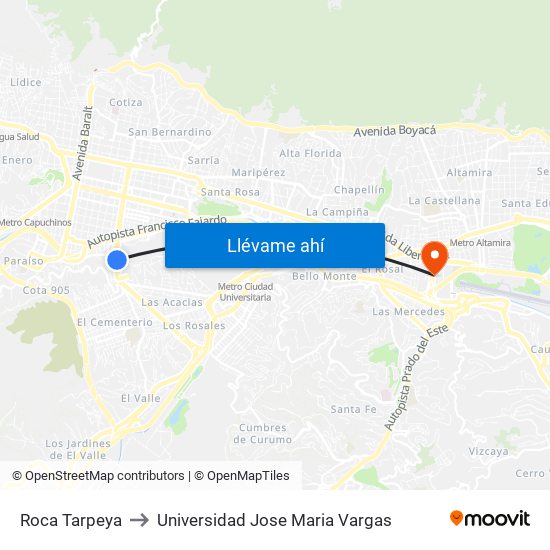Roca Tarpeya to Universidad Jose Maria Vargas map