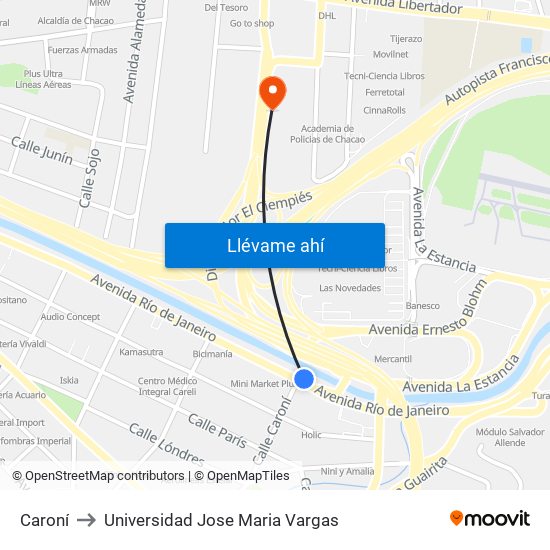 Caroní to Universidad Jose Maria Vargas map