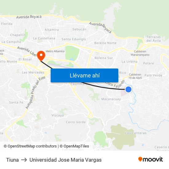 Tiuna to Universidad Jose Maria Vargas map