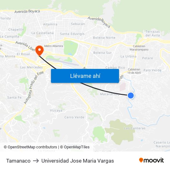 Tamanaco to Universidad Jose Maria Vargas map