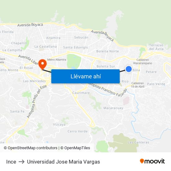 Ince to Universidad Jose Maria Vargas map