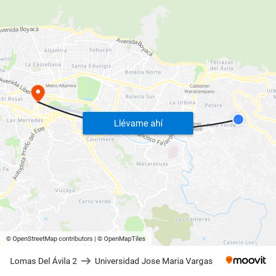 Lomas Del Ávila 2 to Universidad Jose Maria Vargas map