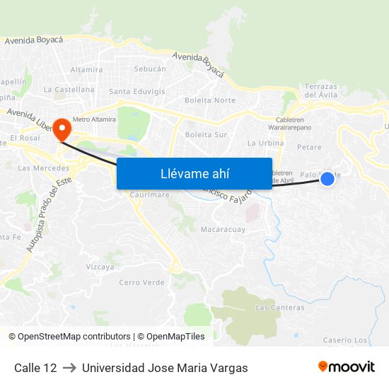 Calle 12 to Universidad Jose Maria Vargas map
