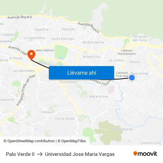 Palo Verde II to Universidad Jose Maria Vargas map
