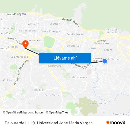 Palo Verde III to Universidad Jose Maria Vargas map