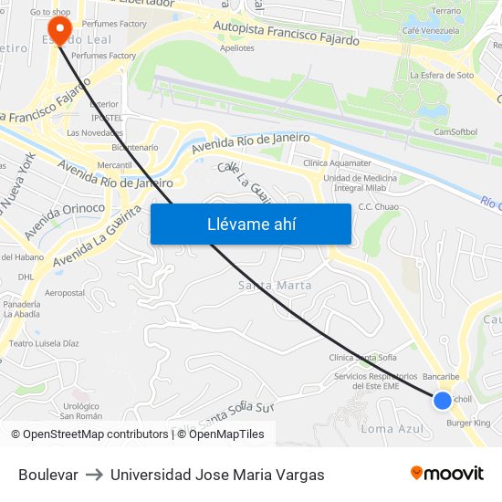 Boulevar to Universidad Jose Maria Vargas map