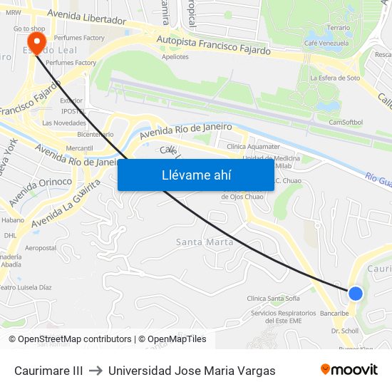 Caurimare III to Universidad Jose Maria Vargas map