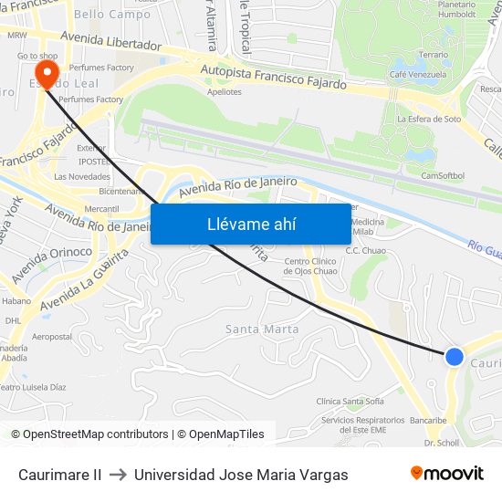 Caurimare II to Universidad Jose Maria Vargas map