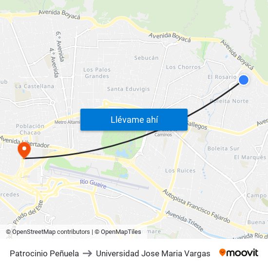 Patrocinio Peñuela to Universidad Jose Maria Vargas map