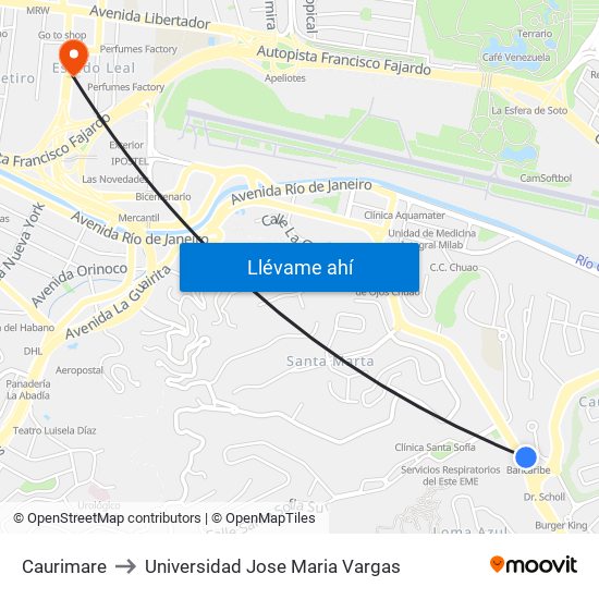 Caurimare to Universidad Jose Maria Vargas map