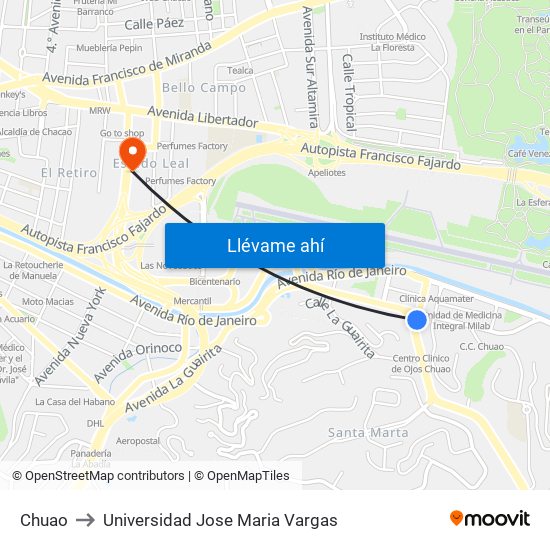 Chuao to Universidad Jose Maria Vargas map