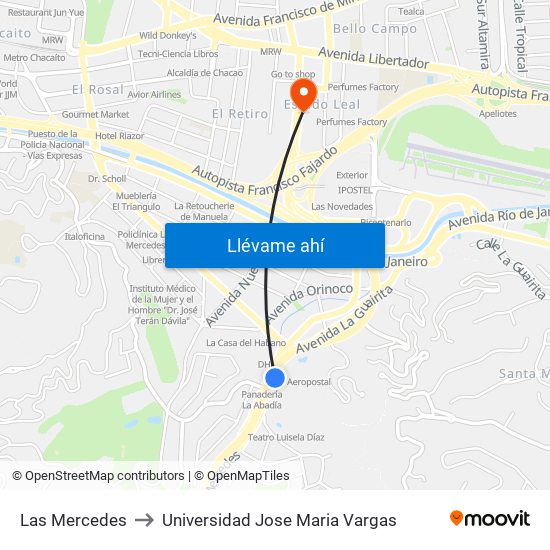 Las Mercedes to Universidad Jose Maria Vargas map