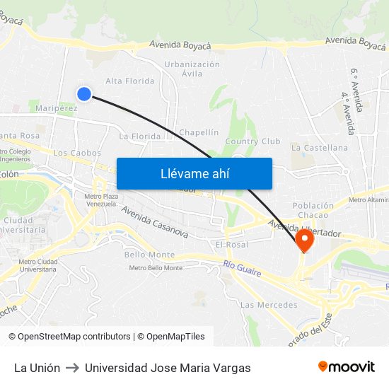 La Unión to Universidad Jose Maria Vargas map