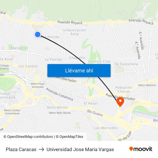 Plaza Caracas to Universidad Jose Maria Vargas map