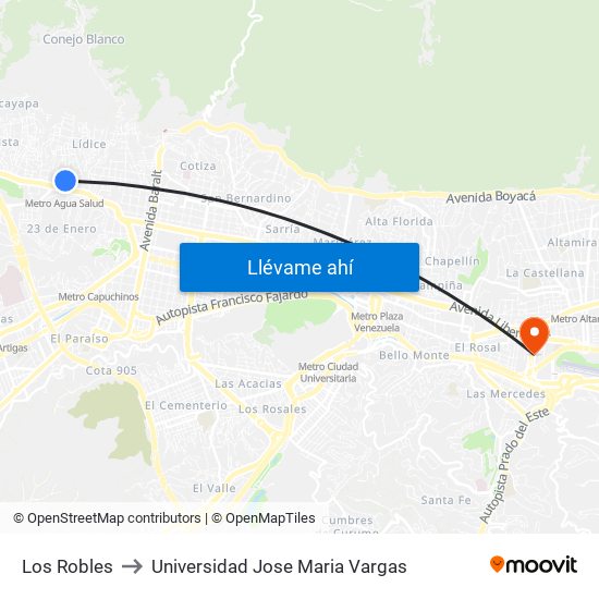 Los Robles to Universidad Jose Maria Vargas map