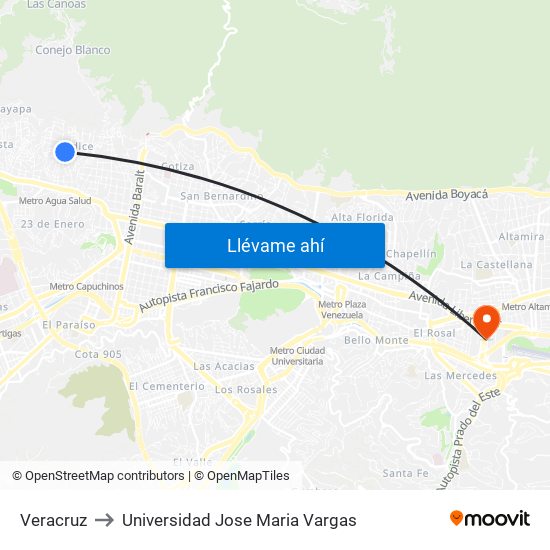 Veracruz to Universidad Jose Maria Vargas map