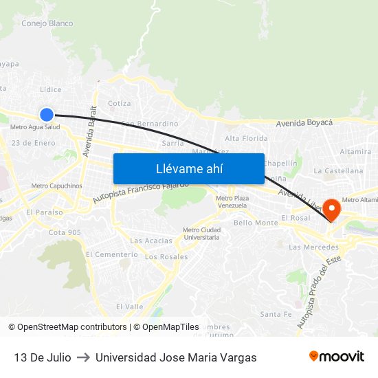 13 De Julio to Universidad Jose Maria Vargas map
