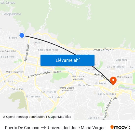 Puerta De Caracas to Universidad Jose Maria Vargas map