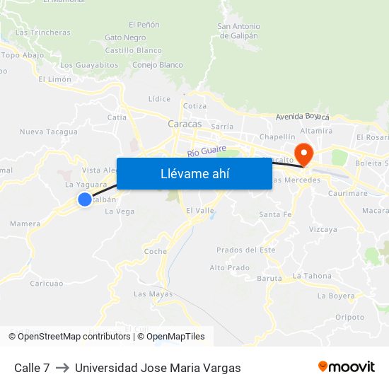 Calle 7 to Universidad Jose Maria Vargas map
