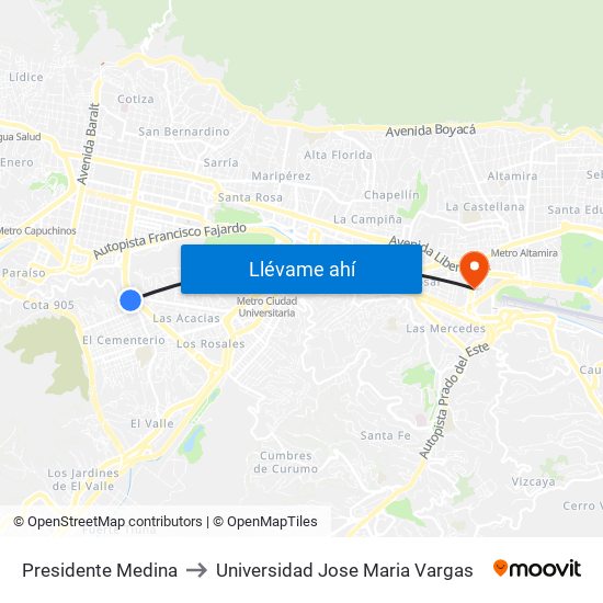 Presidente Medina to Universidad Jose Maria Vargas map