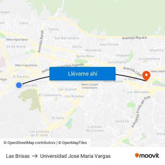 Las Brisas to Universidad Jose Maria Vargas map