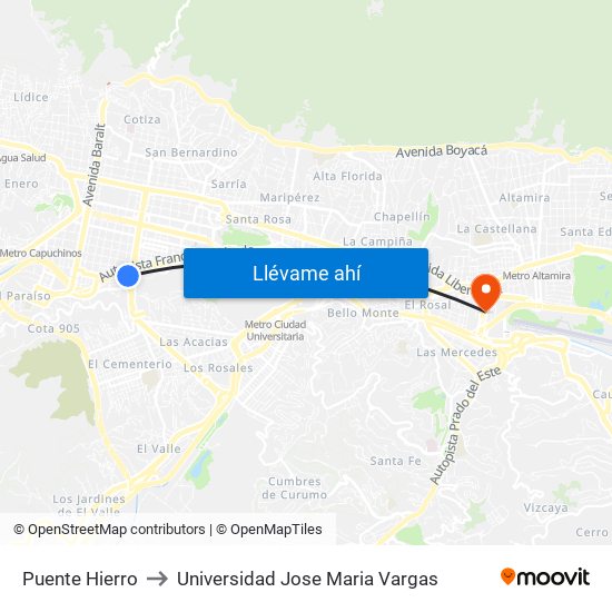 Puente Hierro to Universidad Jose Maria Vargas map