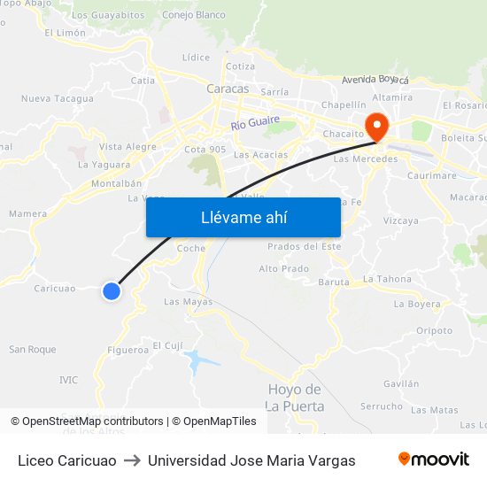 Liceo Caricuao to Universidad Jose Maria Vargas map