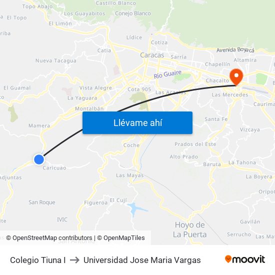 Colegio Tiuna I to Universidad Jose Maria Vargas map