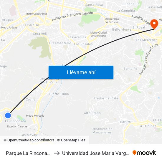 Parque La Rinconada to Universidad Jose Maria Vargas map