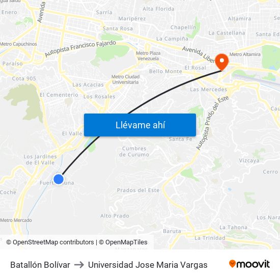 Batallón Bolívar to Universidad Jose Maria Vargas map