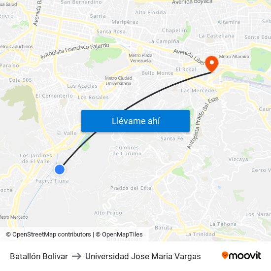 Batallón Bolivar to Universidad Jose Maria Vargas map